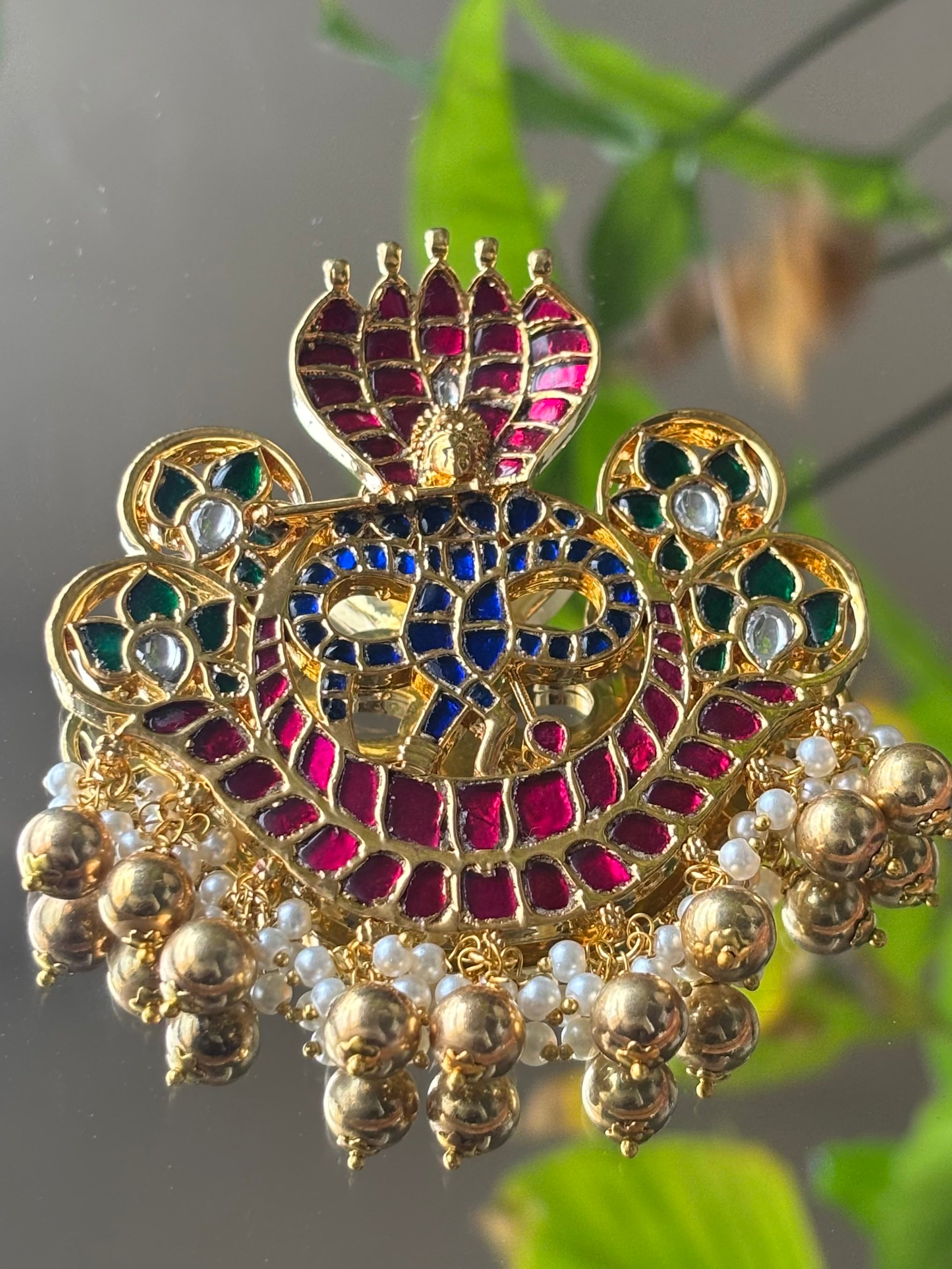 Jadau nagraj pendant with vibrant meenakari and dangling pearls in front view